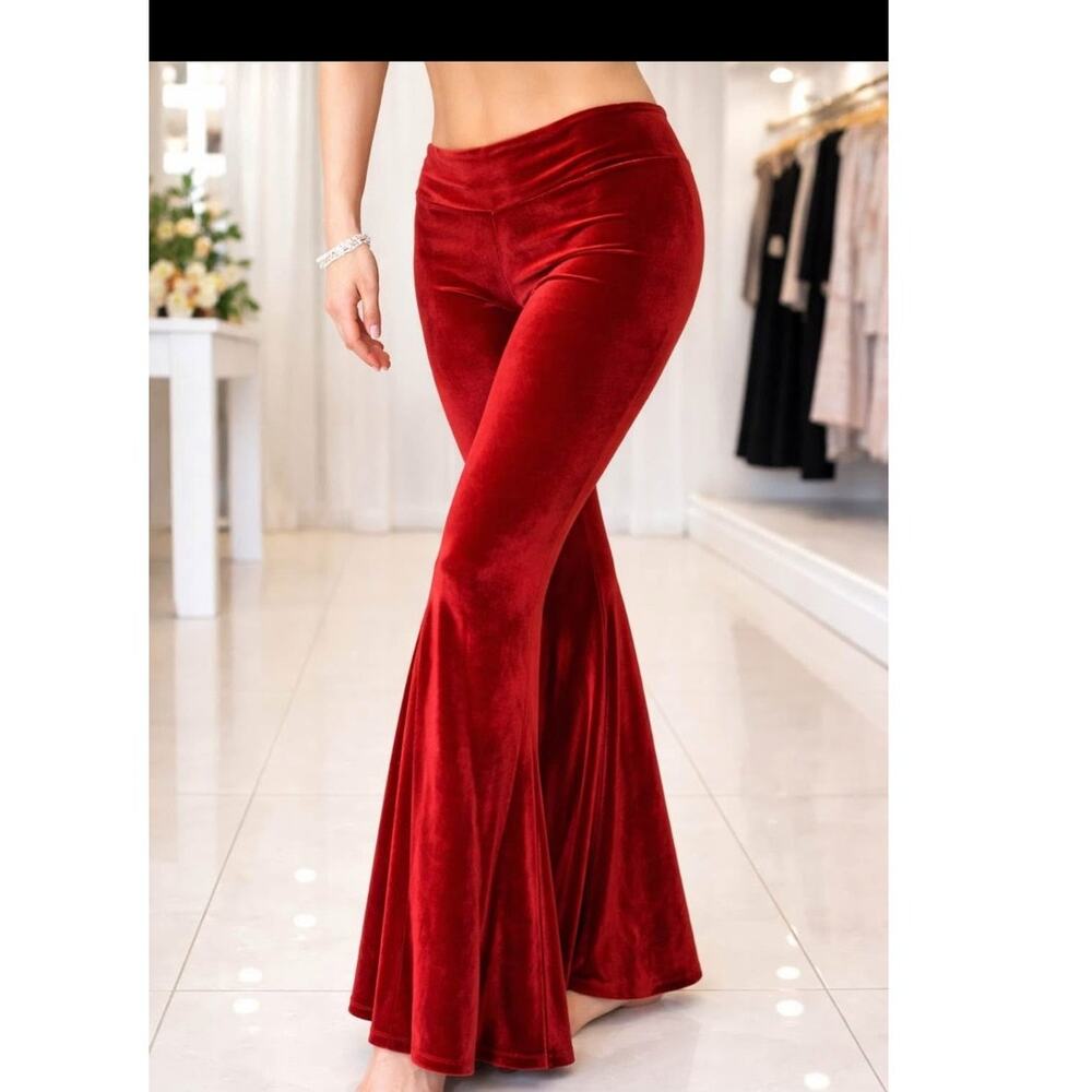 Crimson Gypsy Designs Artisian Wide Flare Red Velvet Festival Pants Sz. Small
